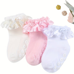 3 Pairs Baby Girls Lace Ruffled Socks with Bow Non-slip Cotton Socks