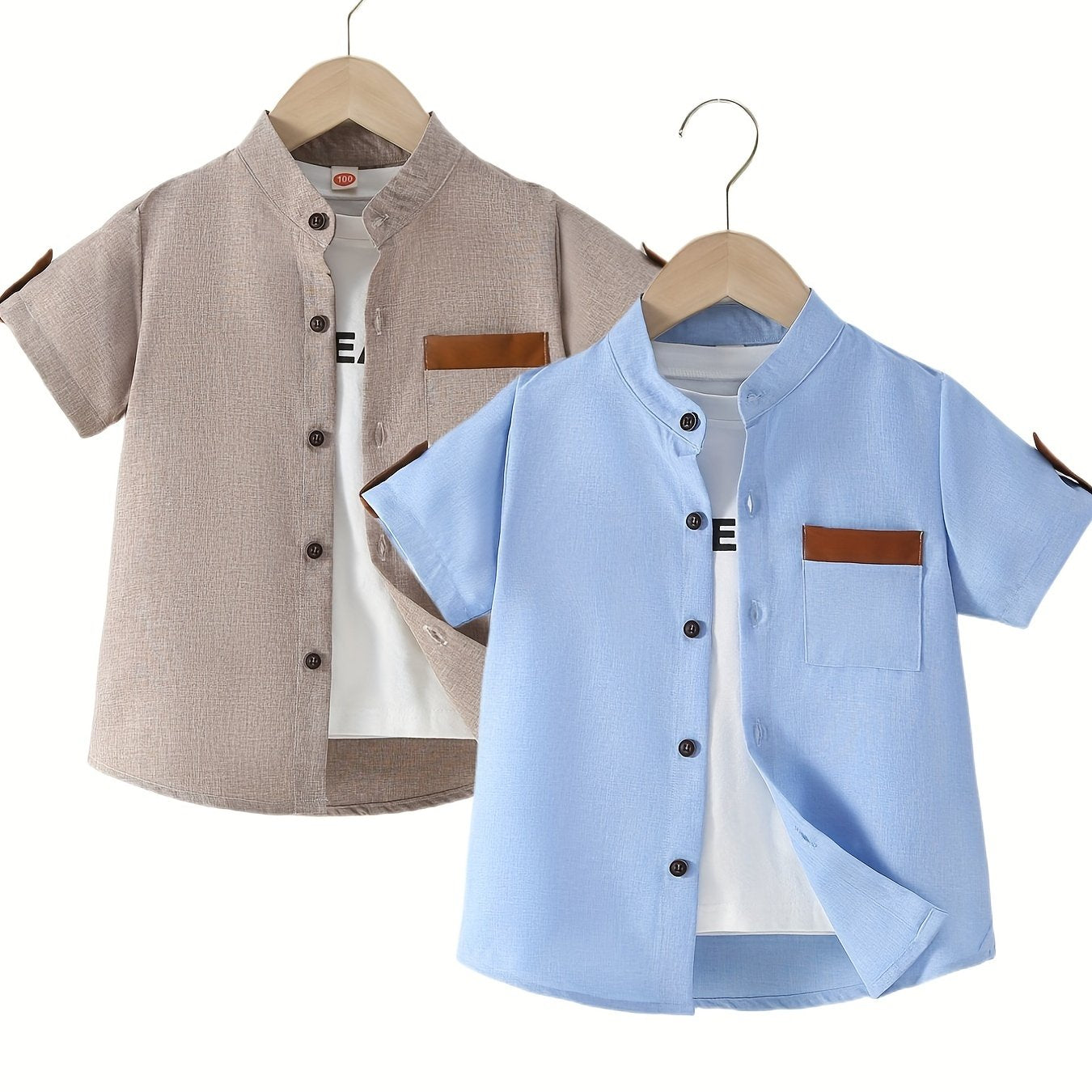 2pcs Boys Solid Short Sleeve Lapel Shirt Summer Casual Top
