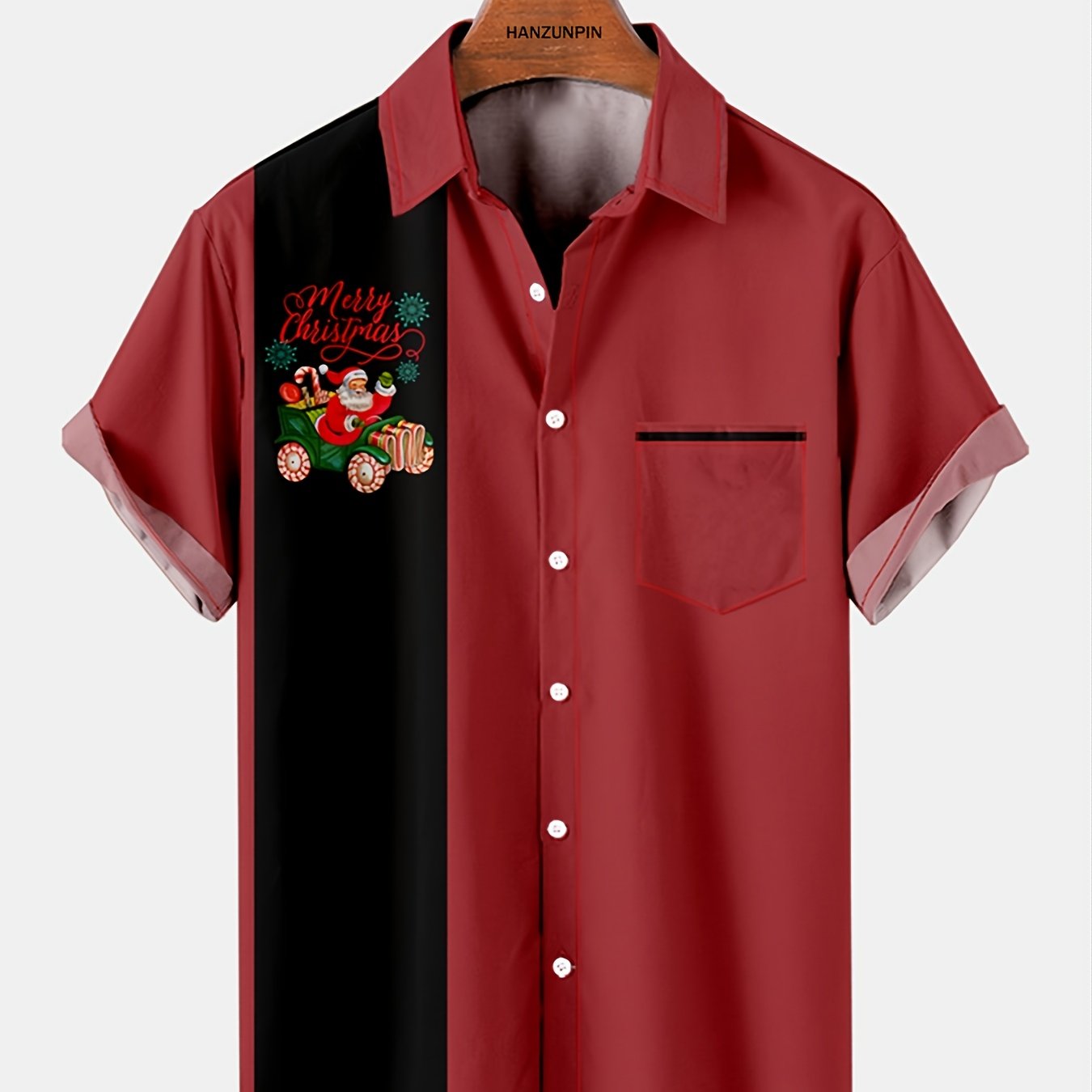 Men's Red Striped Lapel Shirt with Santa Print