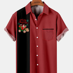 Men's Red Striped Lapel Shirt with Santa Print