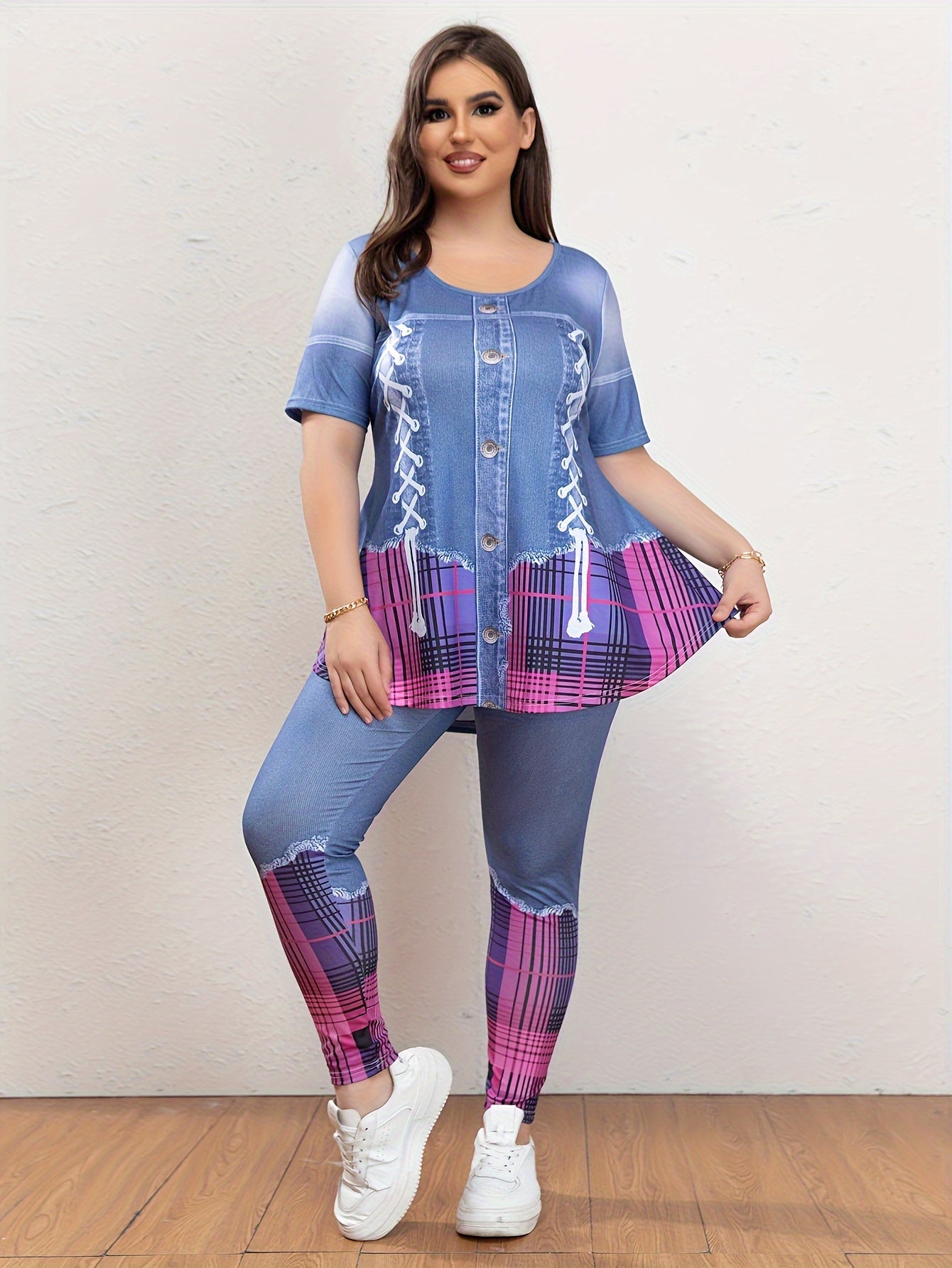 Denim Print Peplum Top & Leggings Set