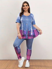 Denim Print Peplum Top & Leggings Set