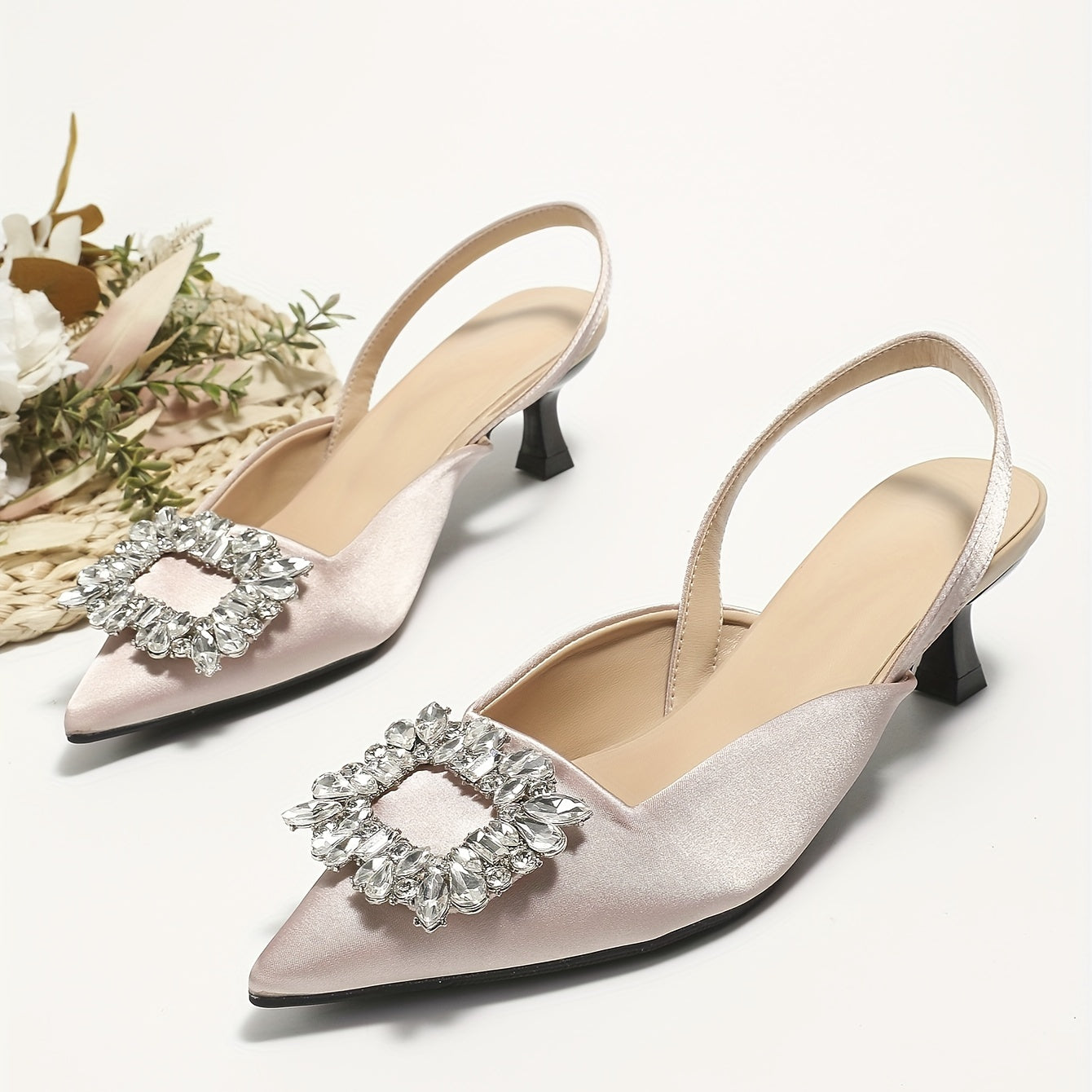 Rhinestone Kitten Heel Satin Sandals
