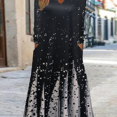 Colorblock Dot Print Long Sleeve Dress With Pockets