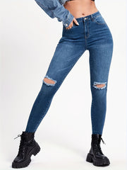Ripped Knee Cut Skinny Jeans Solid Stretchy Whiskering Denim Pants