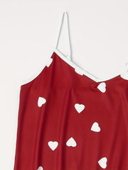Heart Print Pajama Set V Neck Cami Top & Ruffle Shorts Women's Sleepwear