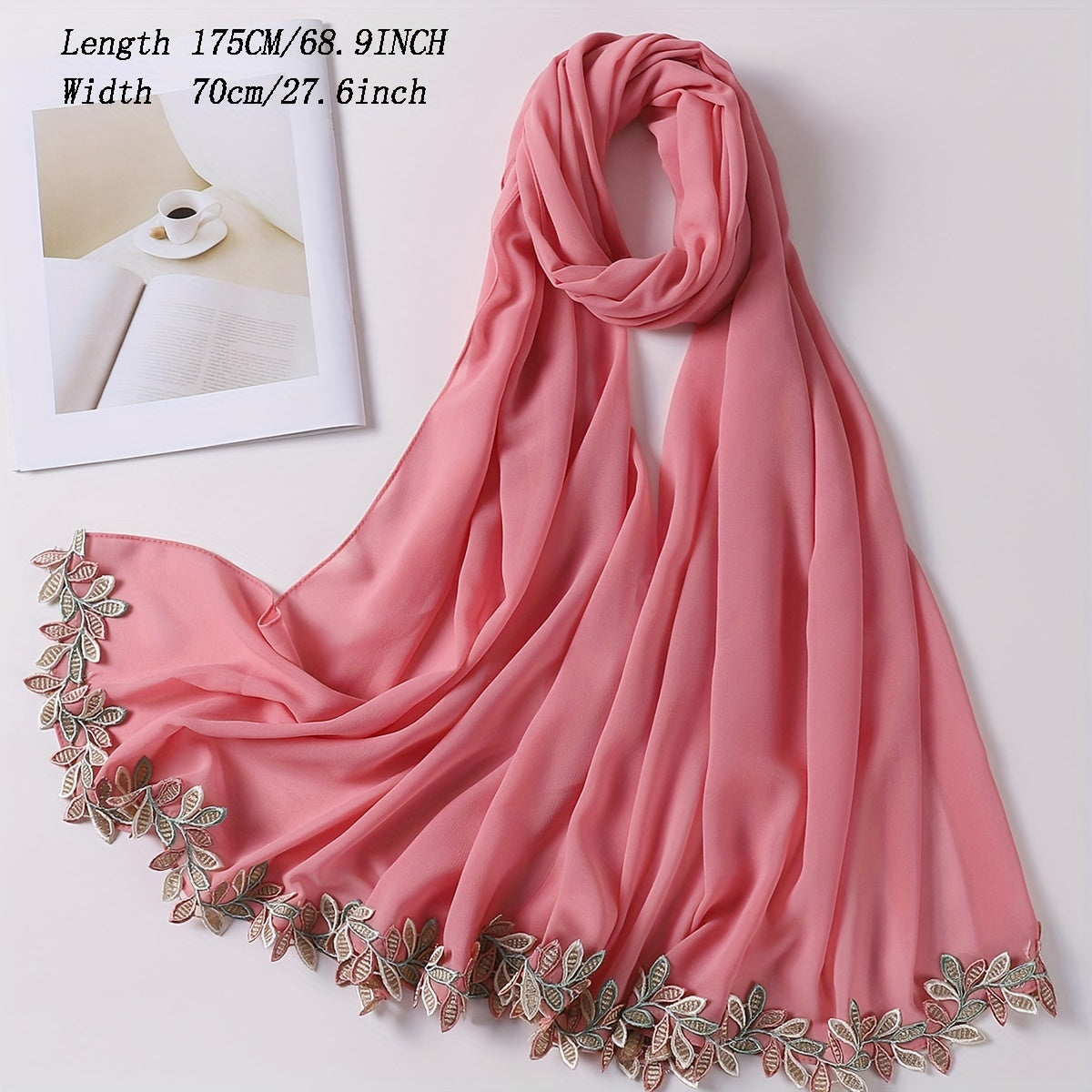 Leaf Embroidery Hijab Lace Chiffon Scarf Solid Thin Breathable Shawl