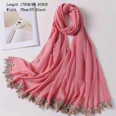 Leaf Embroidery Hijab Lace Chiffon Scarf Solid Thin Breathable Shawl