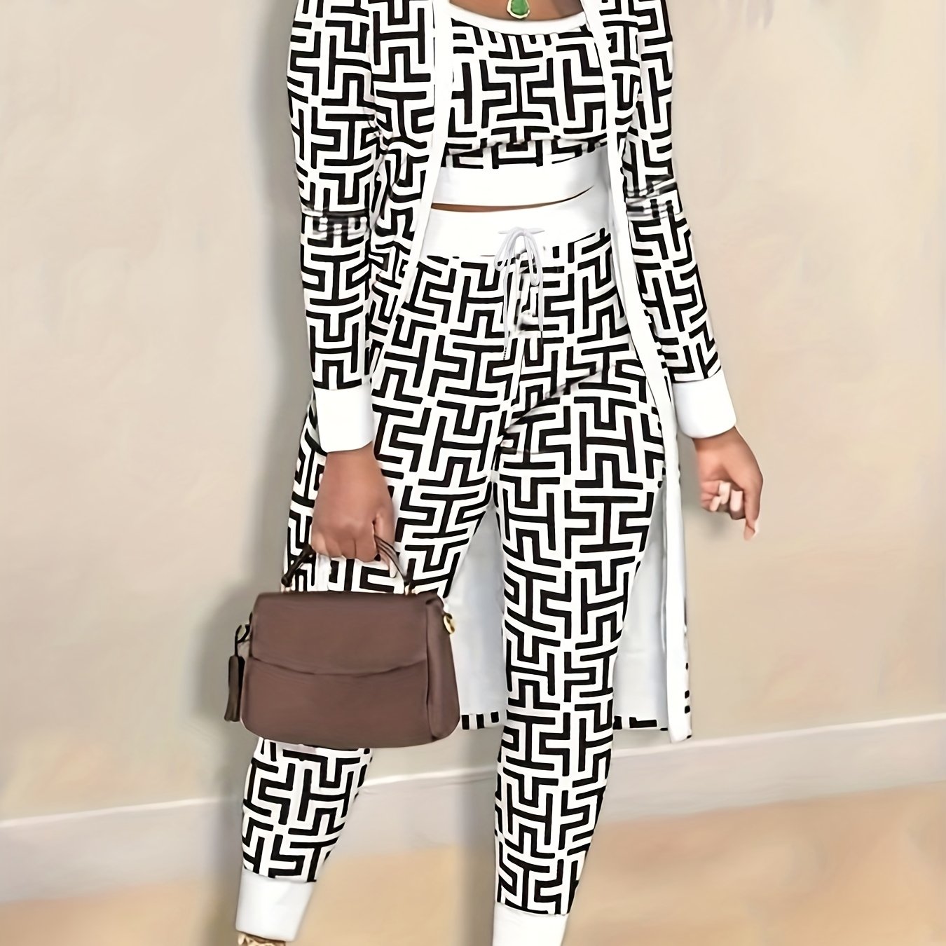 Greek Print 3-Piece Set: Crop Top, Pants & Open Front