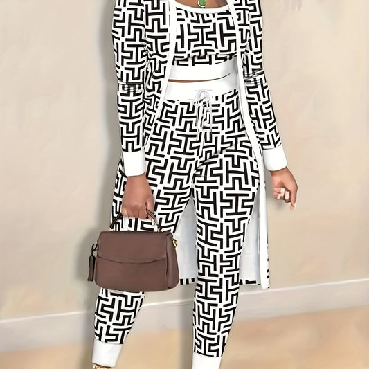 Greek Print 3-Piece Set: Crop Top, Pants & Open Front