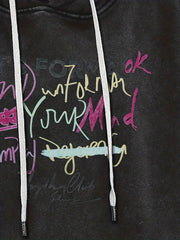 Y2K Denim Hoodie with Graffiti Print and Fleece Liner