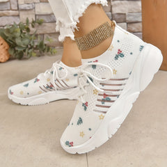 Christmas Print Knitted Lace Up Sports Shoes Breathable Low Top Sneakers