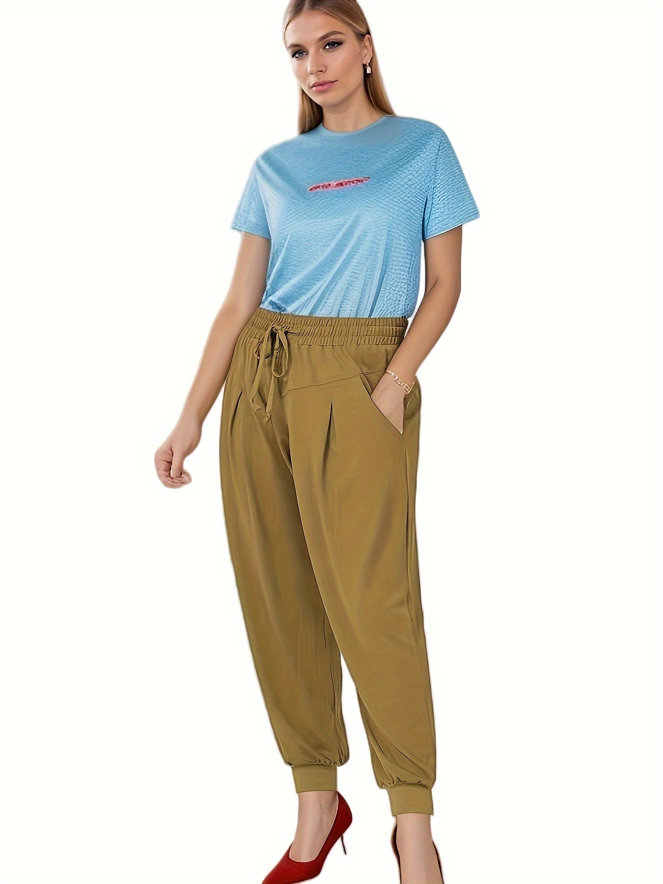 Sporty Drawstring Elastic Waist Pants Loose Fit Quick Dry