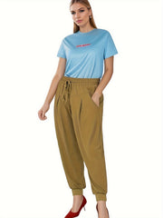 Sporty Drawstring Elastic Waist Pants Loose Fit Quick Dry