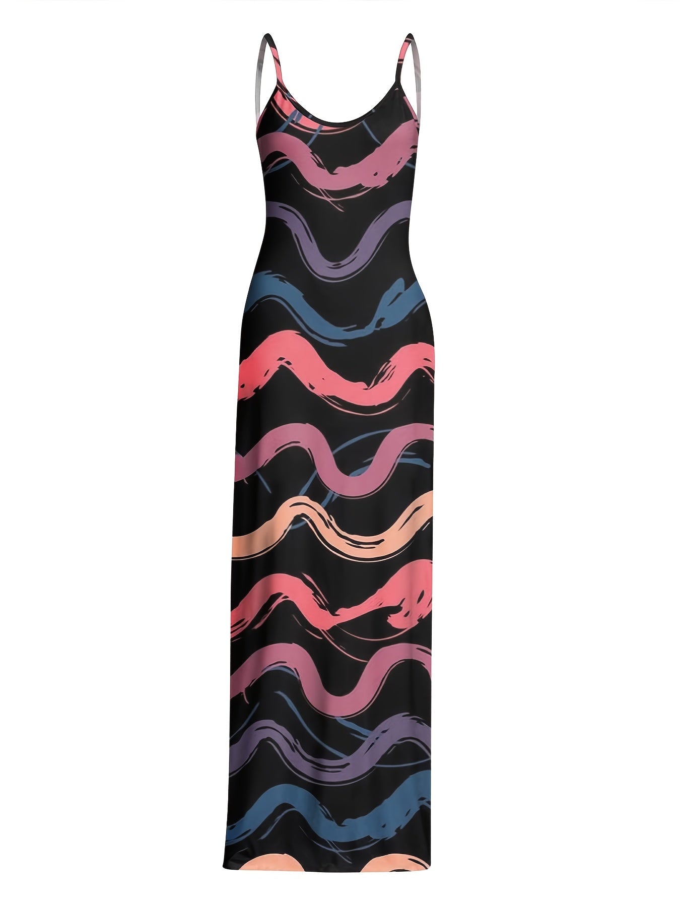 Rainbow Stripe Print Sleeveless Spaghetti Dress Bohemian Maxi Summer Party Dress
