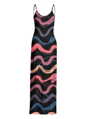 Rainbow Stripe Print Sleeveless Spaghetti Dress Bohemian Maxi Summer Party Dress
