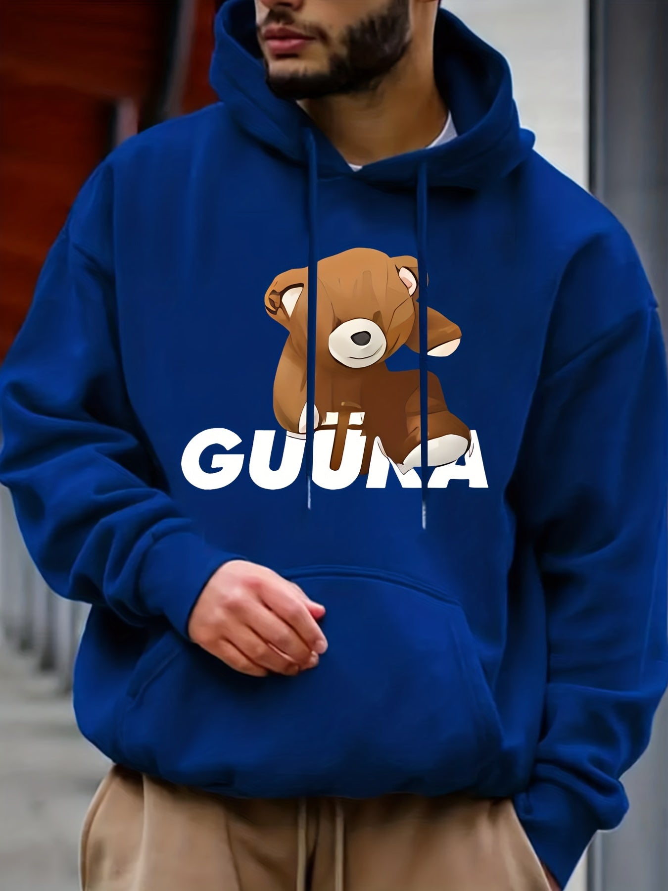 Teddy Bear Print Hoodie Men's Casual Graphic Pullover Hoodie
