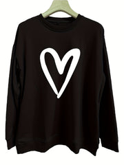 Heart Print Crew Neck Sweatshirt for Women