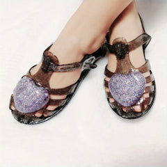 Kids Girls Glitter Jelly Sandals Soft Sole Closed Toe Heart Shaped Shoes