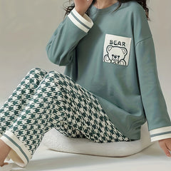 Bear Print Pajama Set Long Sleeve Crew Neck Top & Pants