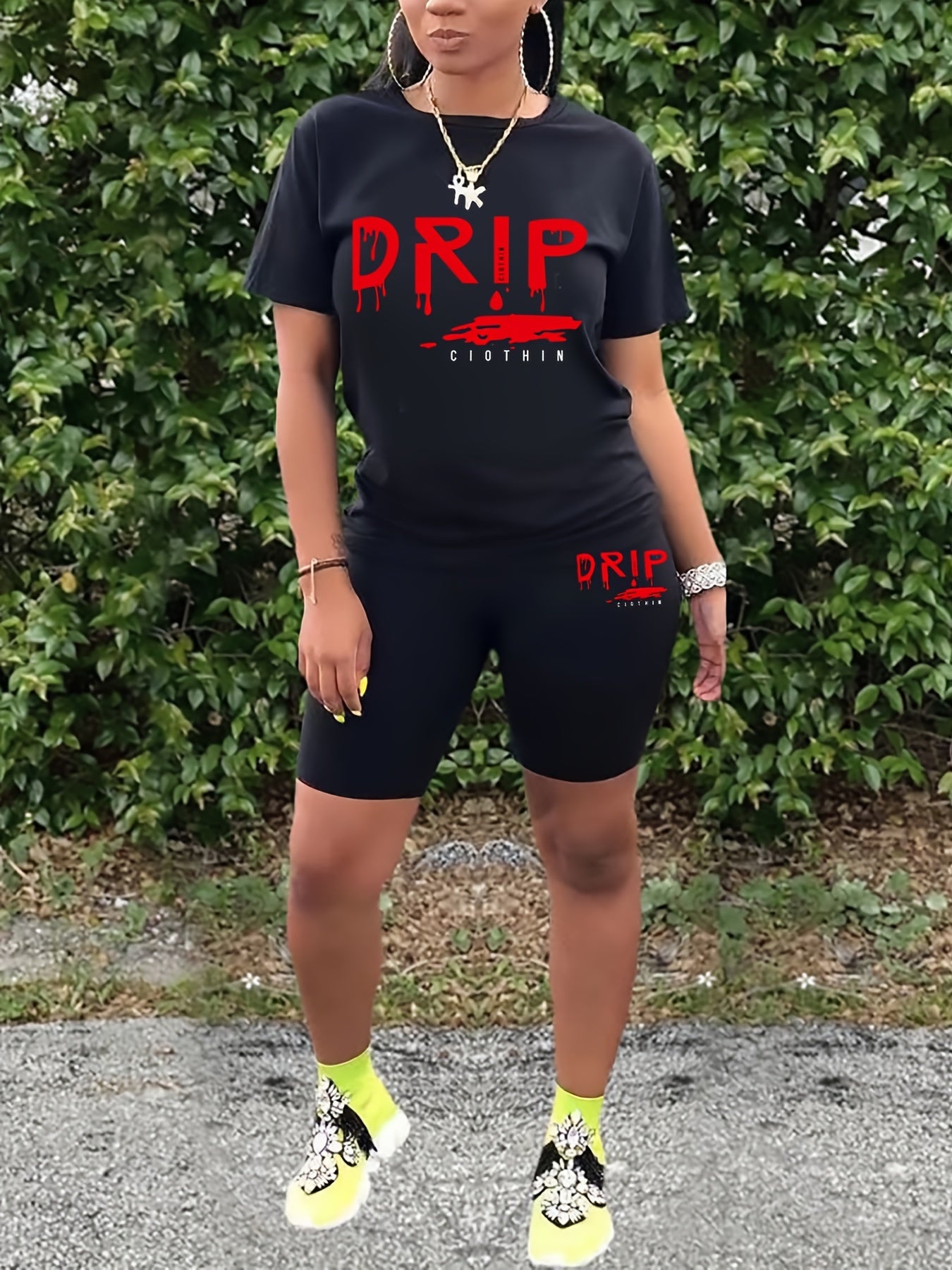 Letter Print Tee & Biker Shorts Set 2pcs Set Outfits