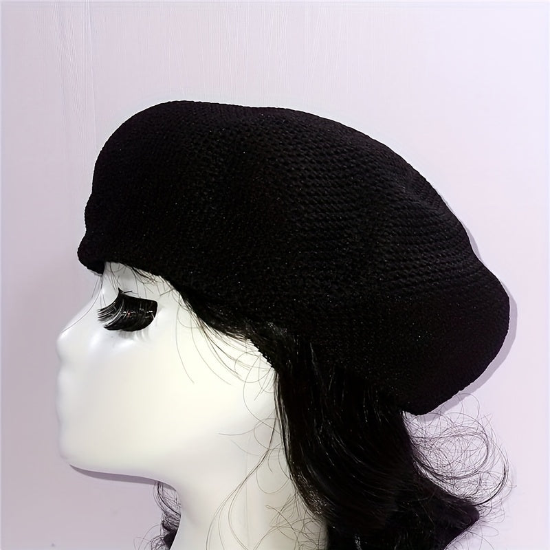 Casual Crochet Beret Solid Mesh Breathable Beanie Octagonal Hat Vintage
