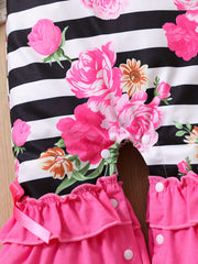 Baby Girls Striped Floral Jumpsuit Set with Flared Pants and Hair Accessories