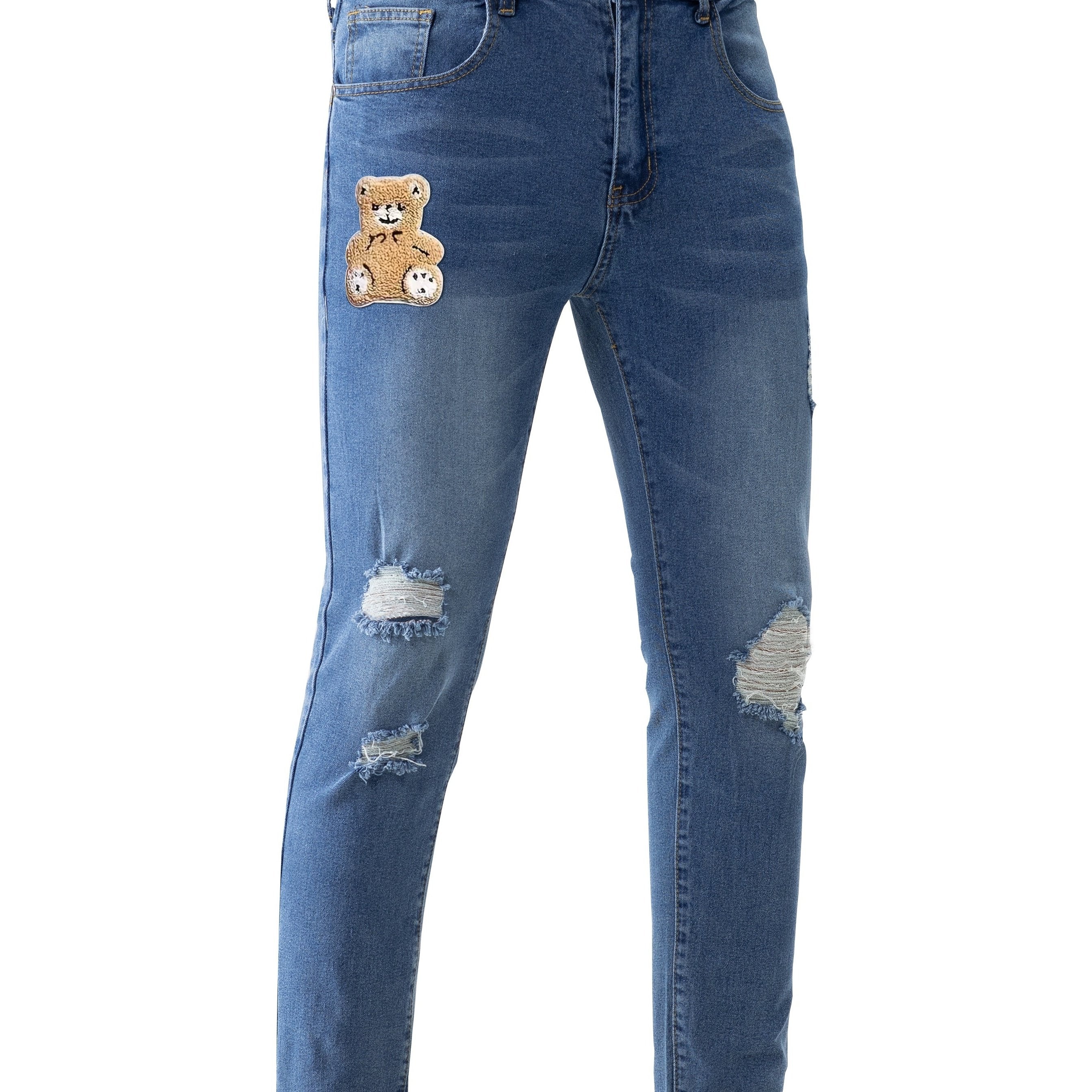 Cartoon Bear Flock Print Ripped Jeans Street Style Denim