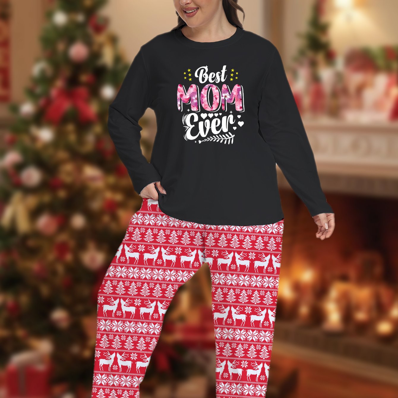 Christmas Casual Pajamas Set Women's Star & Elk Striped Print
