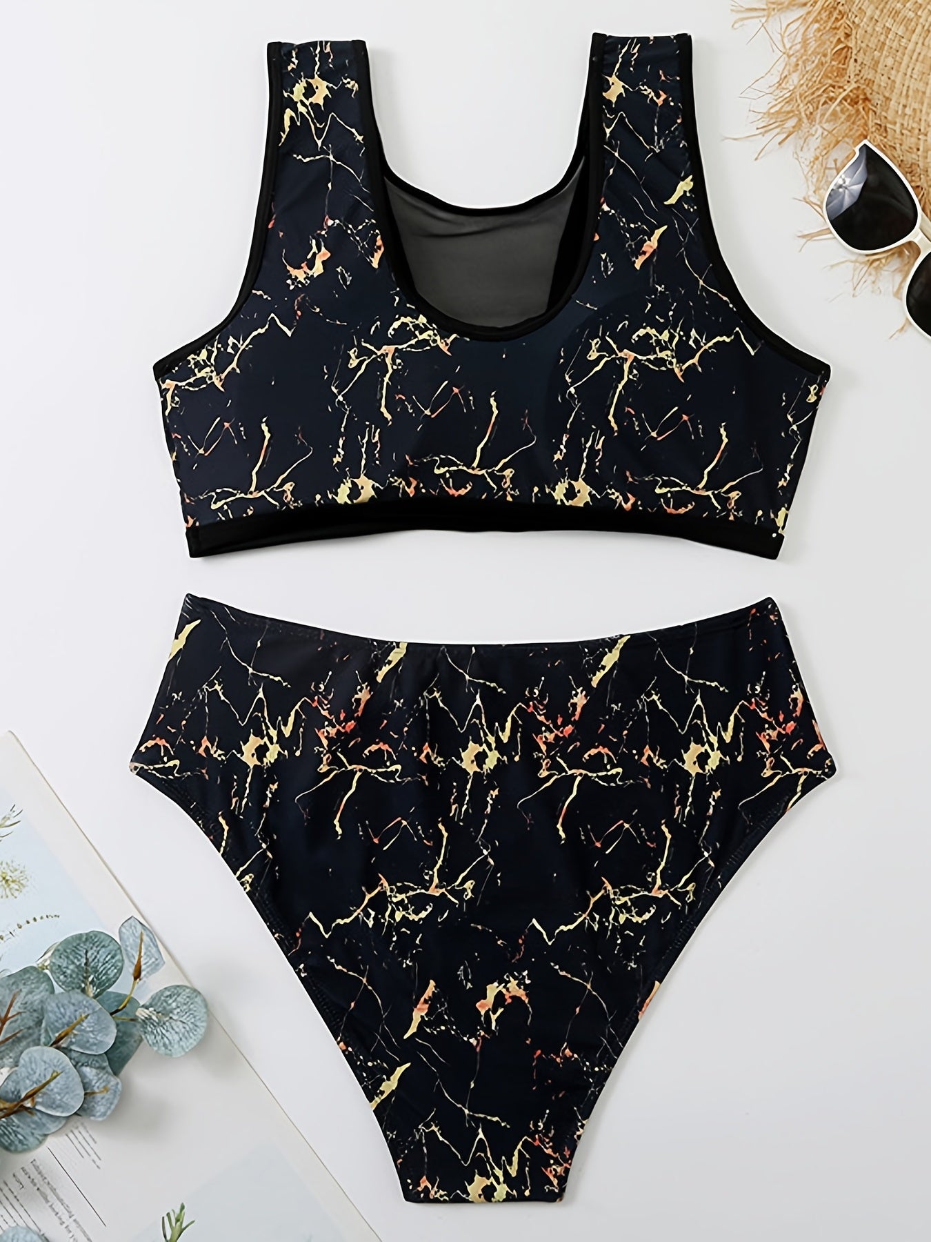 Marble Print Bikini Set Women's Plus Semi Sheer Swimsuit Beachwear