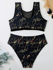 Marble Print Bikini Set Women's Plus Semi Sheer Swimsuit Beachwear