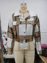 Plaid Faux Fur Collar Jacket Long Sleeve Crop Jacket
