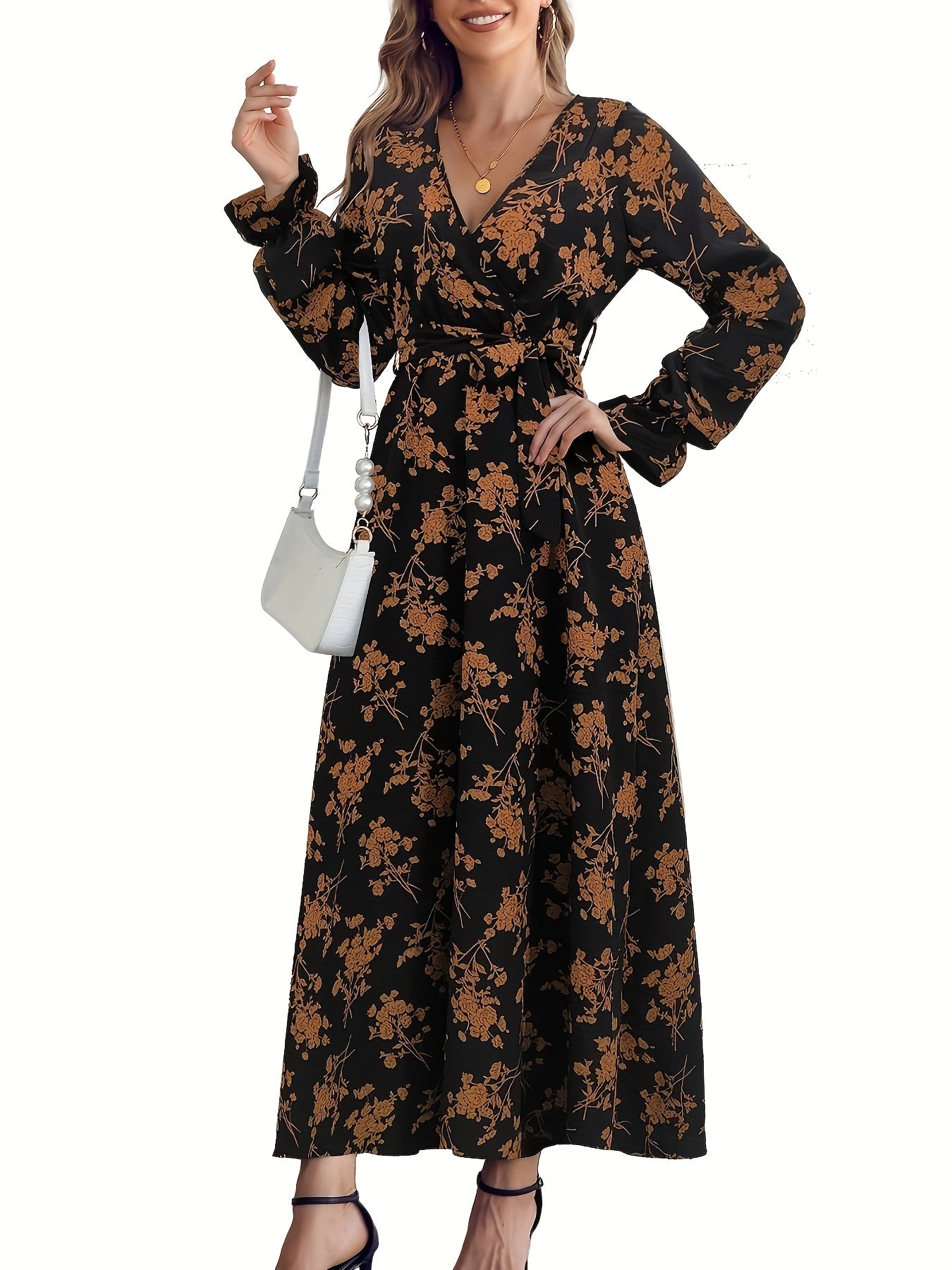 Floral Print Flounce Sleeve Maxi Dress With Belt