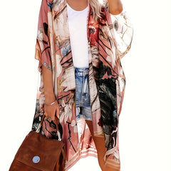 Floral Print Kimono Sleeve Cover Up Loose Open Front Cardigan Beachwear