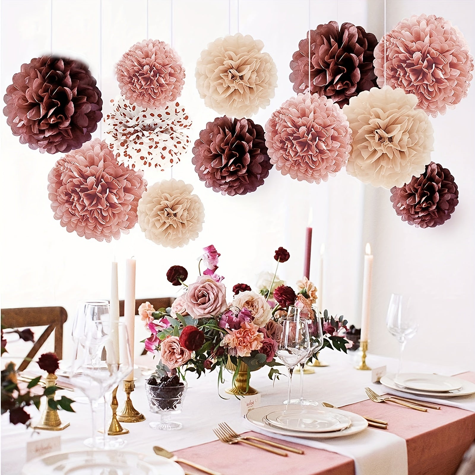 12pcs Rose Pink Tissue Paper Pom Poms Engagement Fall Baby Shower Birthday