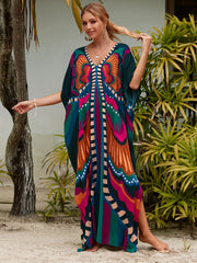 Butterfly Print Kaftan Cover Up Dress V Neck Loose Fit Short Sleeves