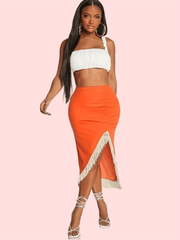 High Waist Tassel Midi Skirt Casual Asymmetrical Solid Color Women's Clothing