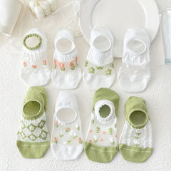 8 Pairs Floral Print & Mesh Ankle Socks Women's Stockings