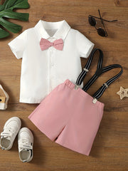 2pcs Baby Boys Short Sleeves Shirt & Suspender Shorts Set