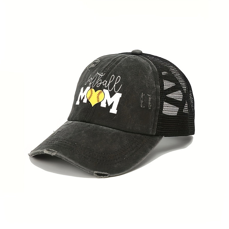 Mom Print Ponytail Trucker Hat Washed Distressed SOFTBALL MOM Baseball Cap