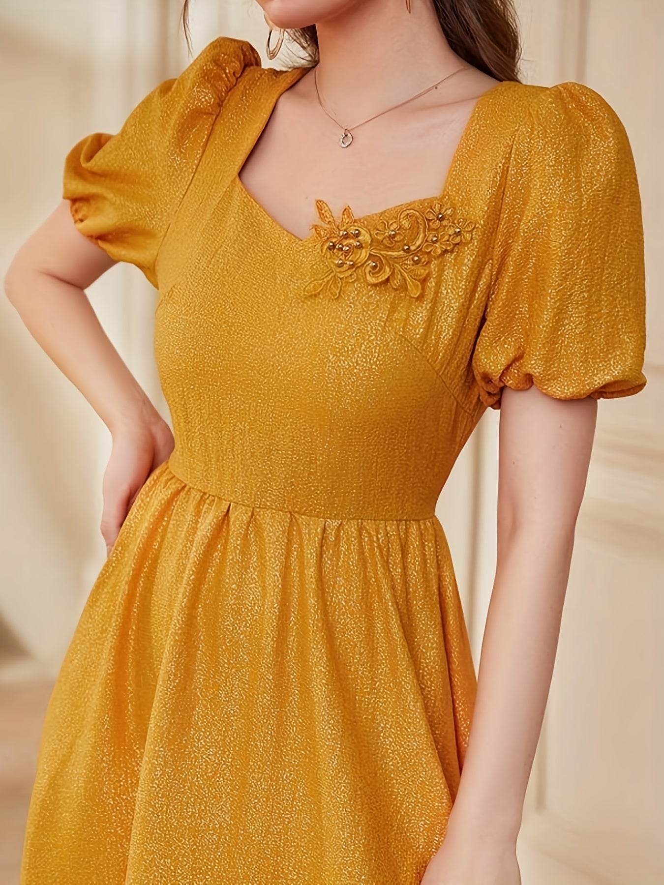 Square Neck Flower Patchwork Dress Short Sleeve Party Wear