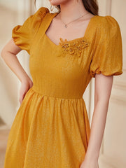 Square Neck Flower Patchwork Dress Short Sleeve Party Wear