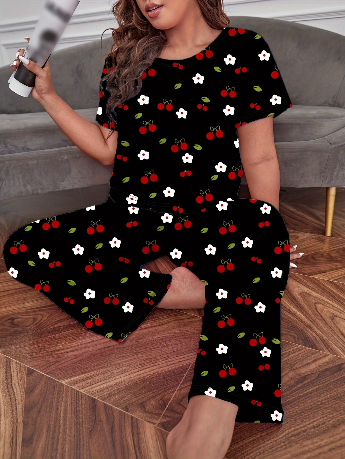 Floral & Cherry Print Plus Size Pajama Set Short Sleeve Tee & Pants Loungewear