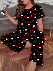 Floral & Cherry Print Plus Size Pajama Set Short Sleeve Tee & Pants Loungewear