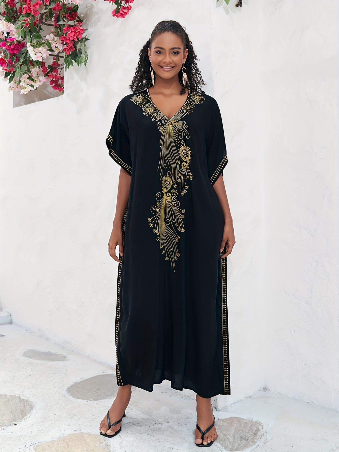 Boho Abaya Dress Women's Plus Golden Embroidered Bat Sleeve V Neck Max