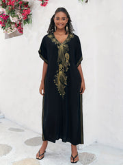 Boho Abaya Dress Women's Plus Golden Embroidered Bat Sleeve V Neck Max