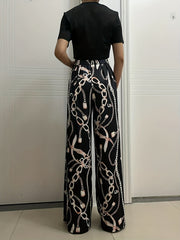 Summer Two Piece Set Short Sleeve Crop Tee & Chain Print Wide Leg Pants
