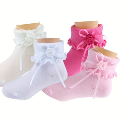 4 Pairs Girls Knit Ruffled Socks with Flower Decoration
