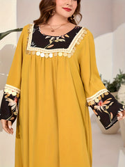 Boho Abaya Dress Women's Plus Floral Print Sequin Tassel Decor