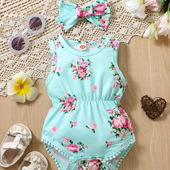 2pcs Baby Girls Floral Onesie Romper & Headband Set